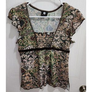 Vtg Y2K Anxiety Women's Short Flutter Sleeve Top Blouse Smocked Neck‎ Size Small